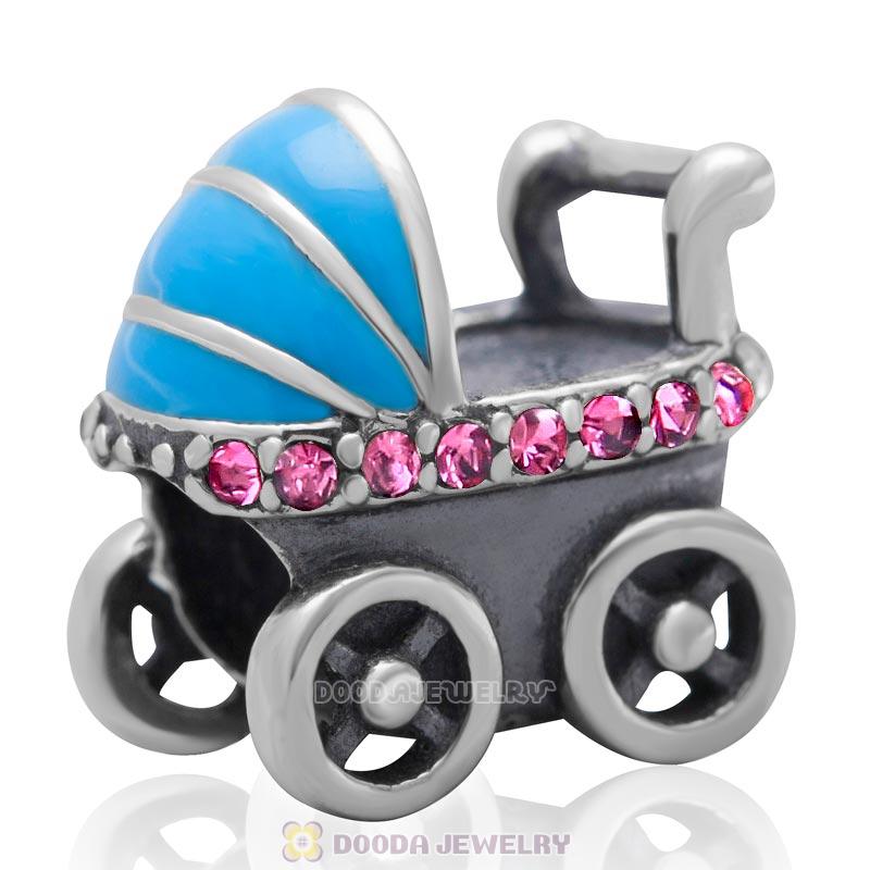 925 Sterling Silver Baby Carriage  Charm Bead with Rose Australian Crystals