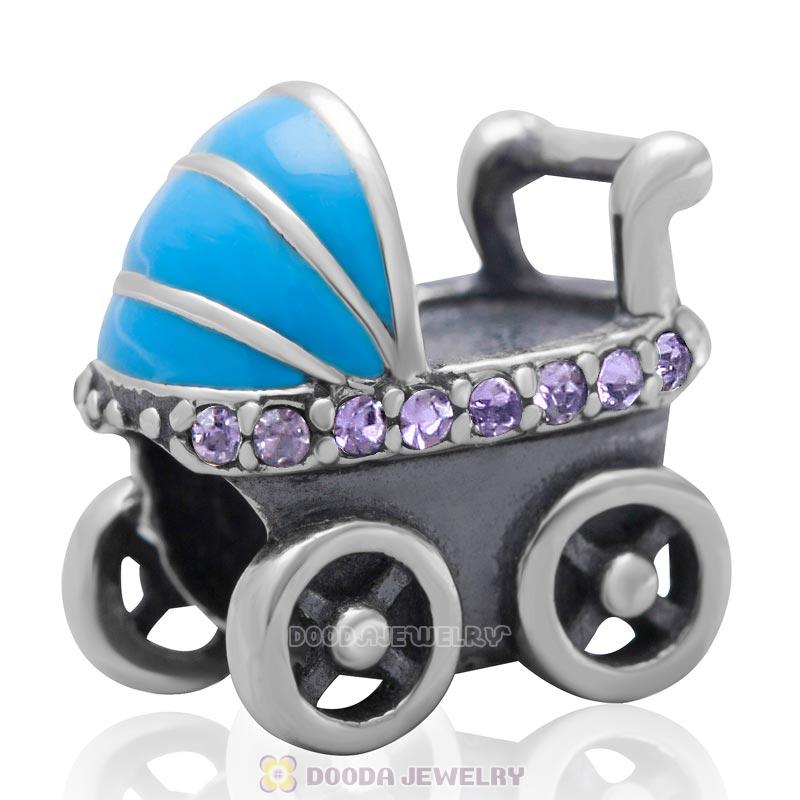 925 Sterling Silver Baby Carriage Charm Bead with Tanzanite Australian Crystals