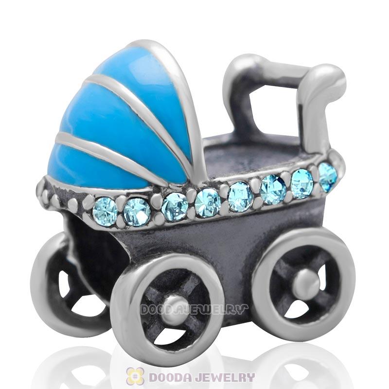 925 Sterling Silver Baby Carriage Charm Bead with Aquamarine Australian Crystals