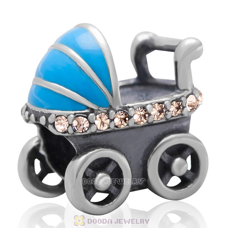 925 Sterling Silver Baby Carriage Charm Bead with Lt Peach Australian Crystals
