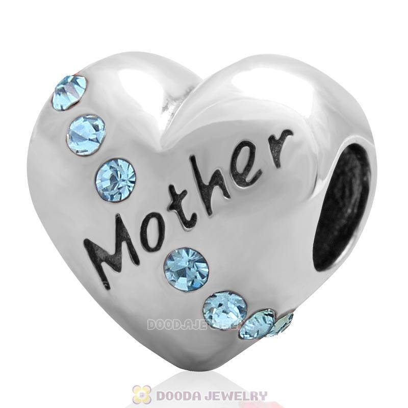 925 Sterling Silver Aquamarine Crystal Mother Heart Love Bead