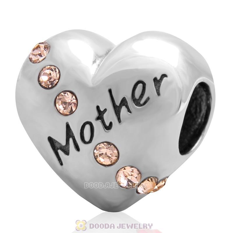 925 Sterling Silver Lt Peach Crystal Mother Heart Love Bead