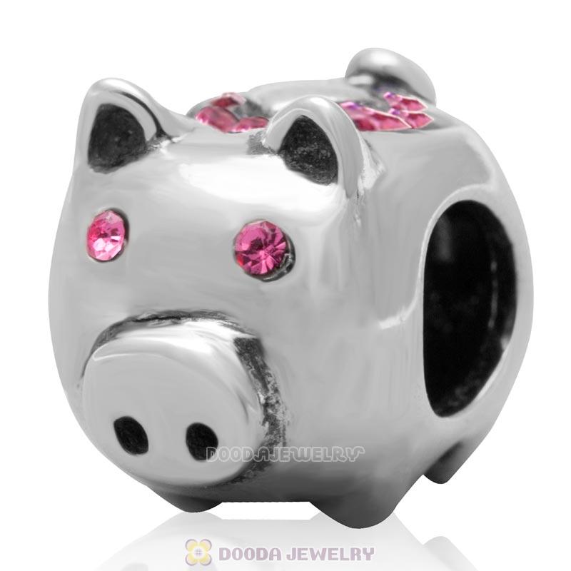 925 Sterling Silver Cute Pig with Rose Love Crystal Charm Bead