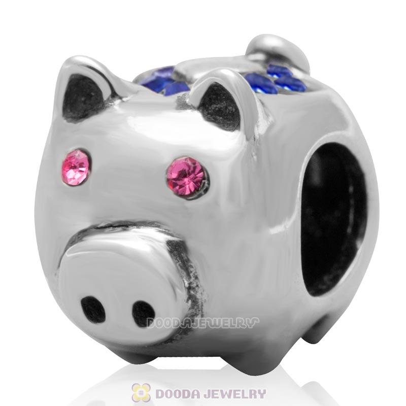 925 Sterling Silver Cute Pig with Sapphire Love Crystal Charm Bead