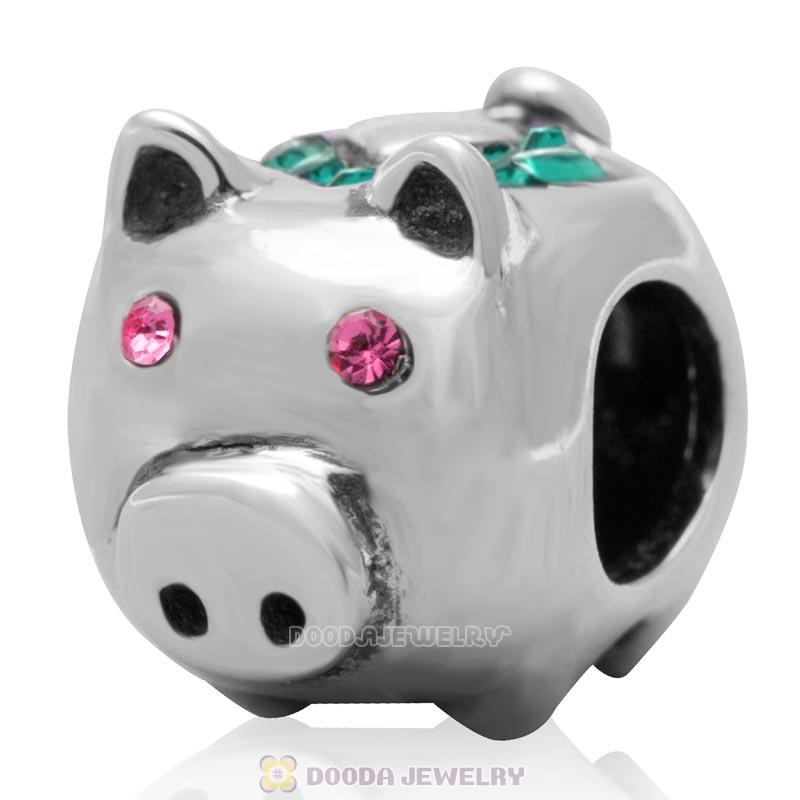 925 Sterling Silver Cute Pig with Emerald Love Crystal Charm Bead