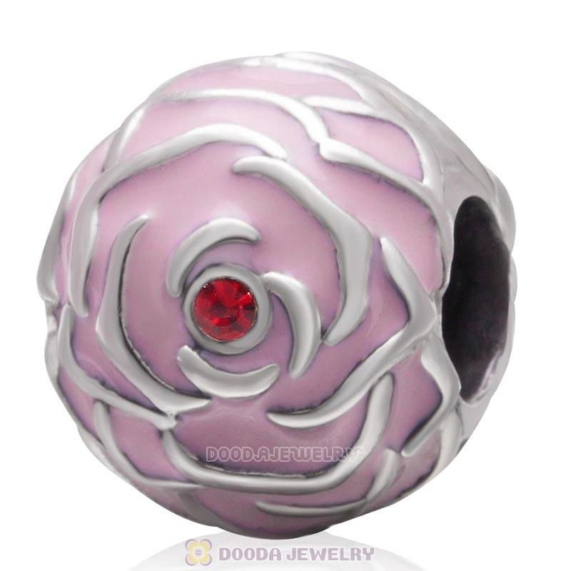 925 Sterling Silver Pink Rose Garden with Siam Crystal Charm Bead