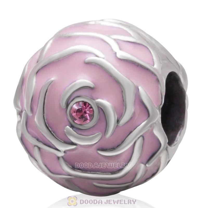 925 Sterling Silver Pink Rose Garden with Lt Rose Crystal Charm Bead