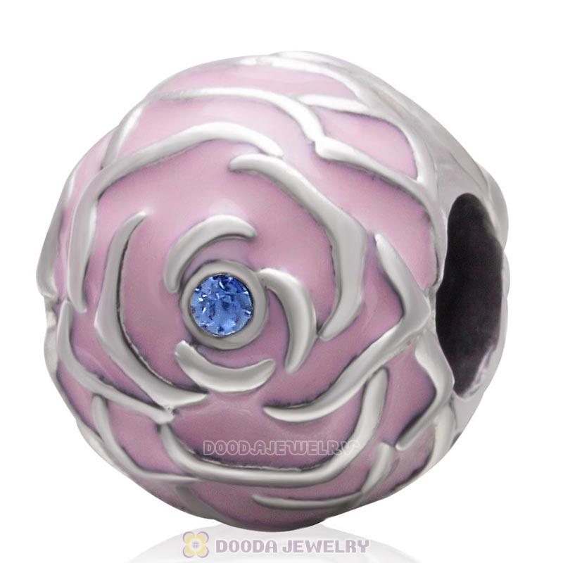 925 Sterling Silver Pink Rose Garden with Sapphire Crystal Charm Bead