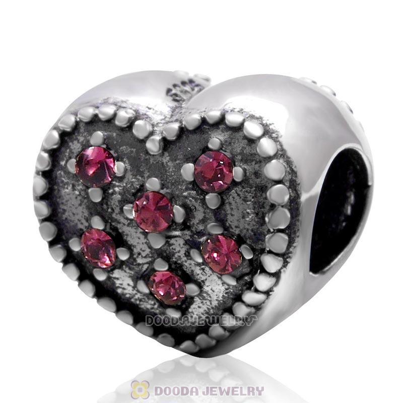 925 Sterling Silver Sparkly Amethyst Crystal Heart Charm Bead 