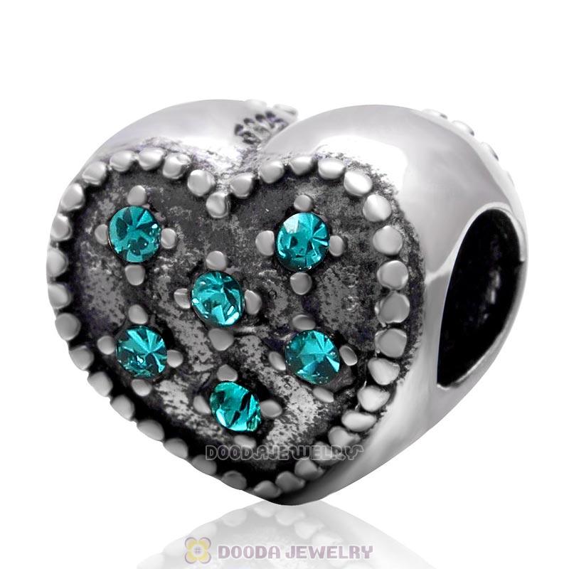 925 Sterling Silver Sparkly Blue Zircon Crystal Heart Charm Bead 