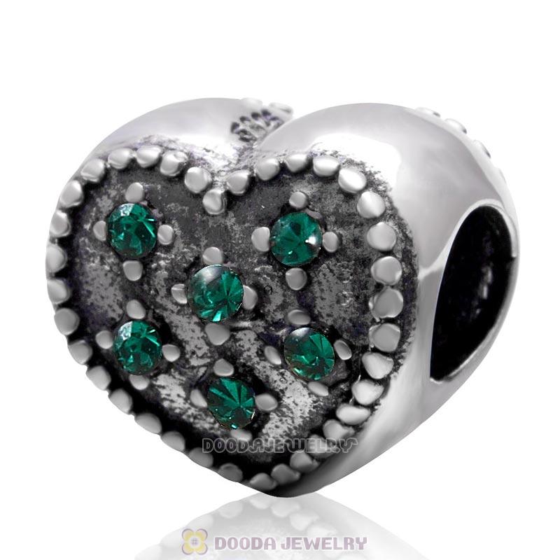 925 Sterling Silver Sparkly Emerald Crystal Heart Charm Bead 