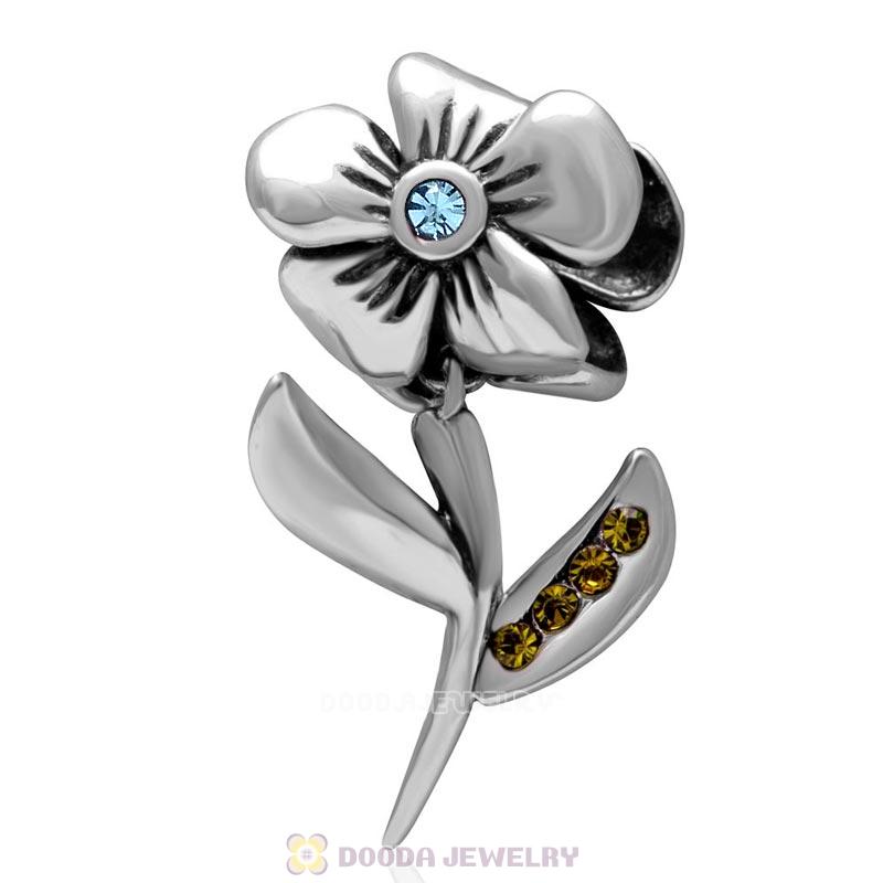 Hibiscus Flower with Aquamarine Crystal Charms in 925 Sterling Silver