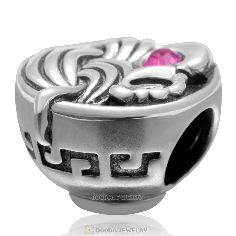 Bowl of Birthday Noodles with Rose Austrian Crystal in 925 Sterling Silver