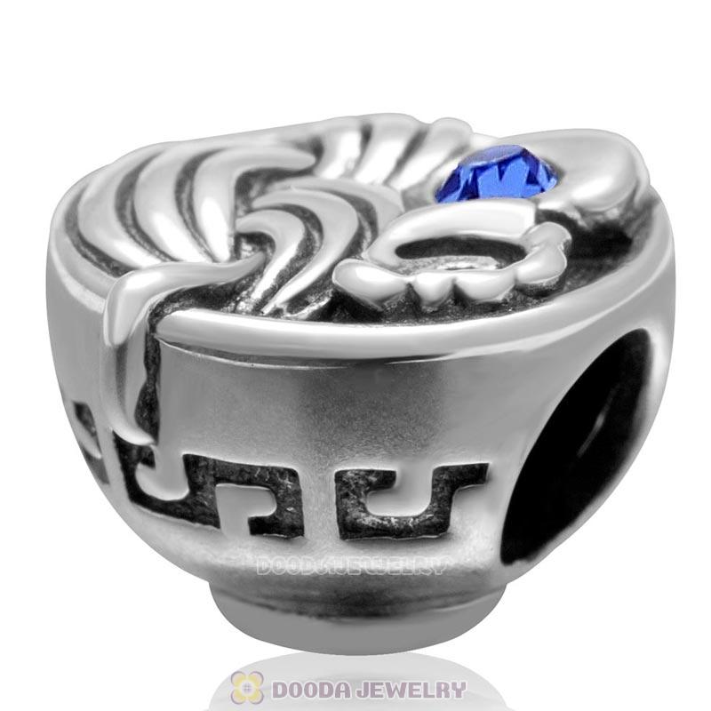 Bowl of Birthday Noodles with Sapphire Austrian Crystal in 925 Sterling Silver