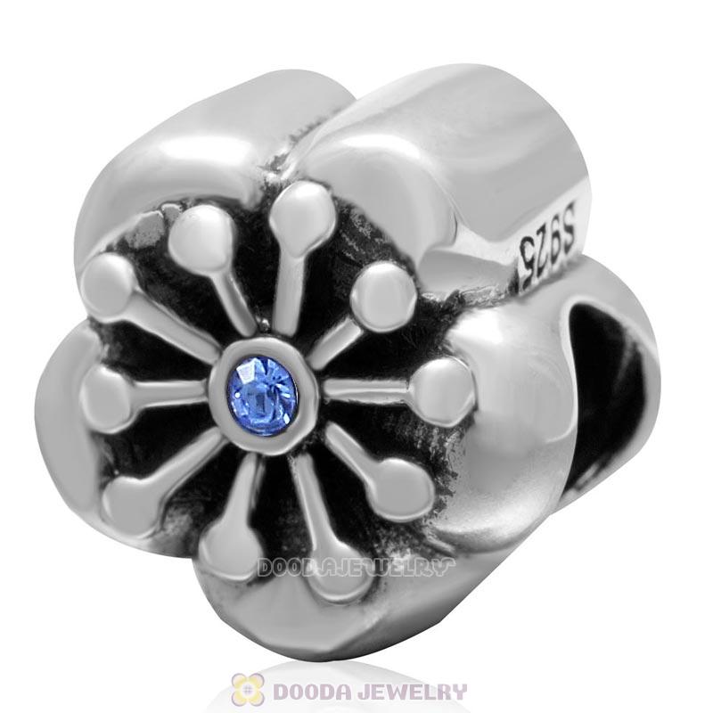 925 Sterling Silver Blooming Cherry Flower with Sapphire Crystal Bead 