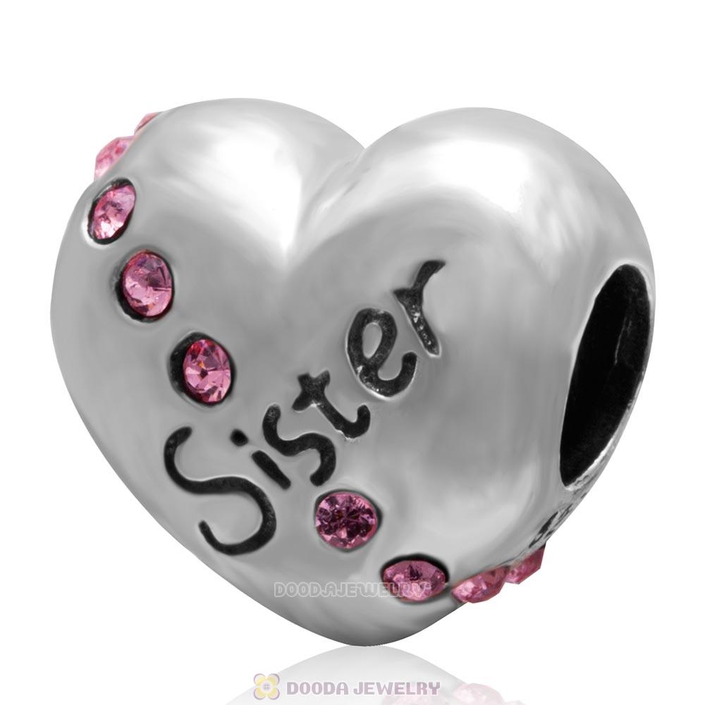 925 Sterling Silver Lt Rose Crystal Sister Heart Love Bead