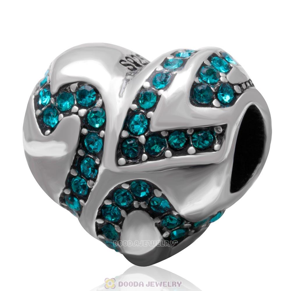 European Style Sterling Silver Heart Bead with Blue Zircon Crystal 