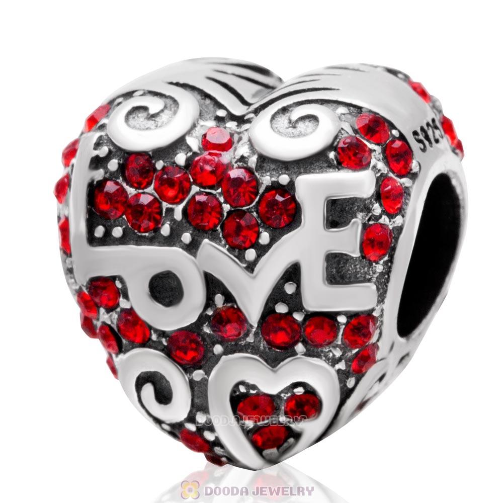 Heart with Love Charm Lt Siam Australian Crystal Bead 925 Sterling Silver