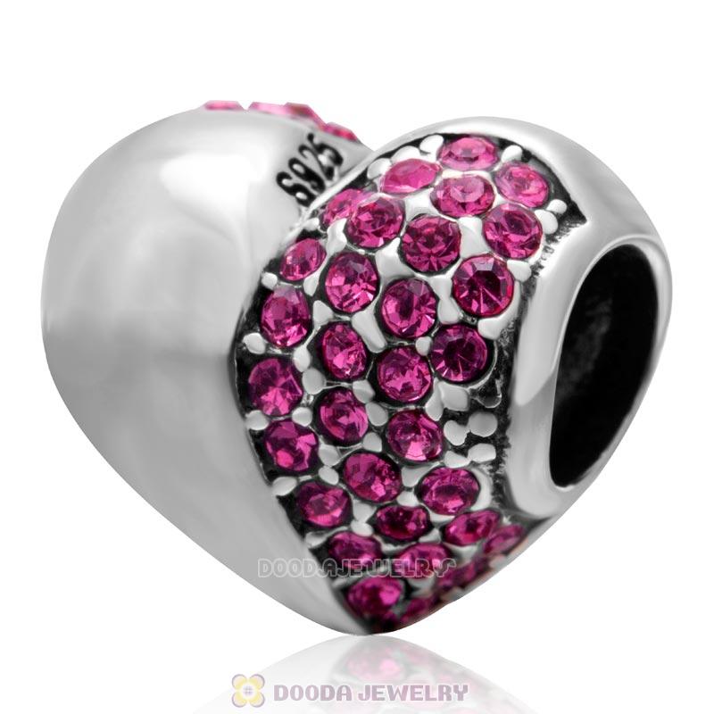 925 Sterling Silver Rose Sparkly Crystal Heart Bead 