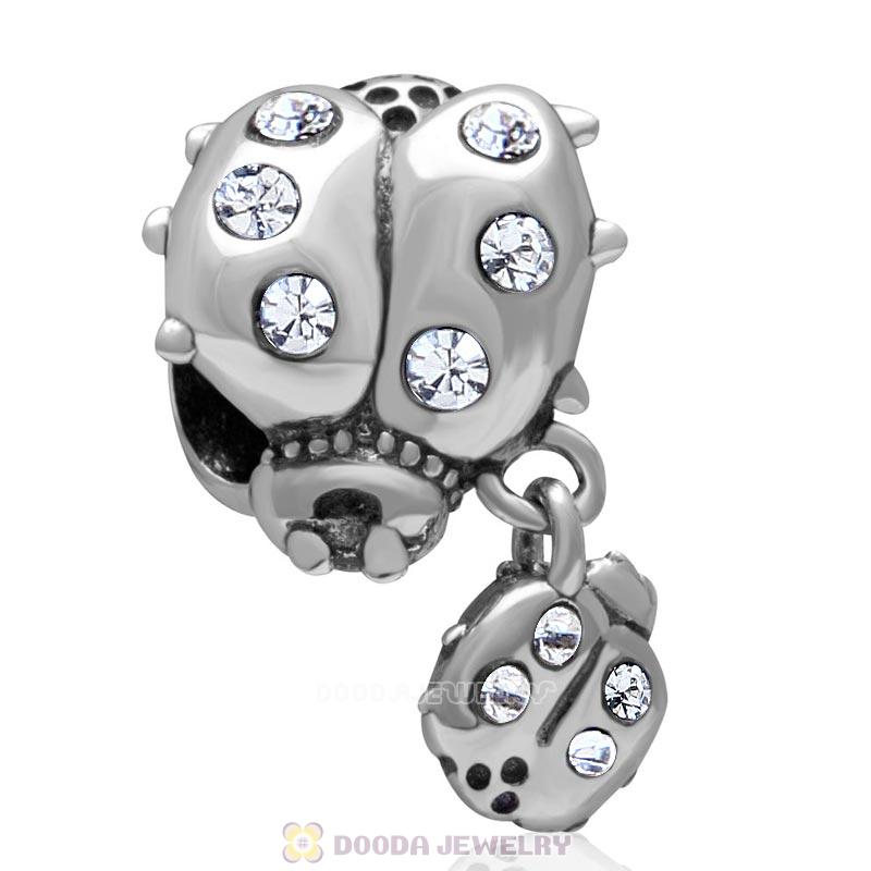 925 Sterling Silver Ladybug with Dangling Smaller Ladybug and Clear Crystals Charm Bead 