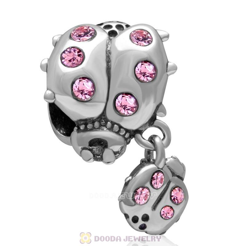 925 Sterling Silver Ladybug with Dangling Smaller Ladybug and Lt Rose Crystals Charm Bead 
