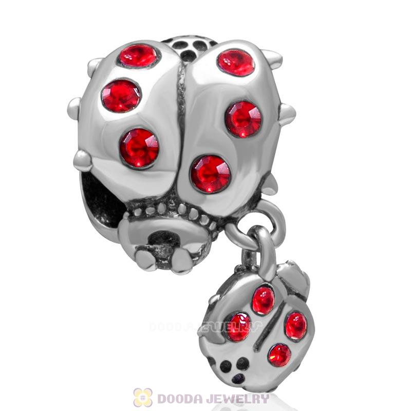925 Sterling Silver Ladybug with Dangling Smaller Ladybug and Lt Siam Crystals Charm Bead 