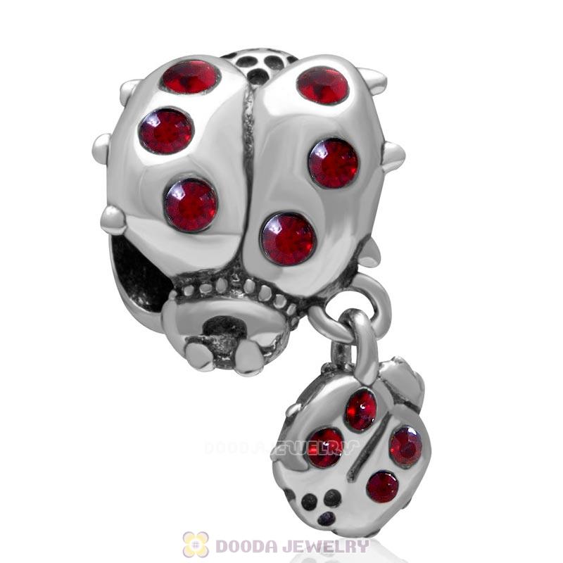 925 Sterling Silver Ladybug with Dangling Smaller Ladybug and Siam Crystals Charm Bead 