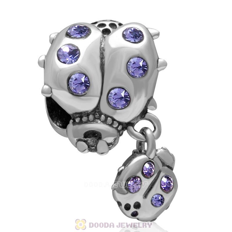 925 Sterling Silver Ladybug with Dangling Smaller Ladybug and Tanzanite Crystals Charm Bead 