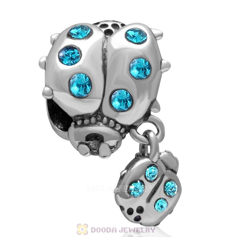 925 Sterling Silver Ladybug with Dangling Smaller Ladybug and Blue Zircon Crystals Charm Bead 