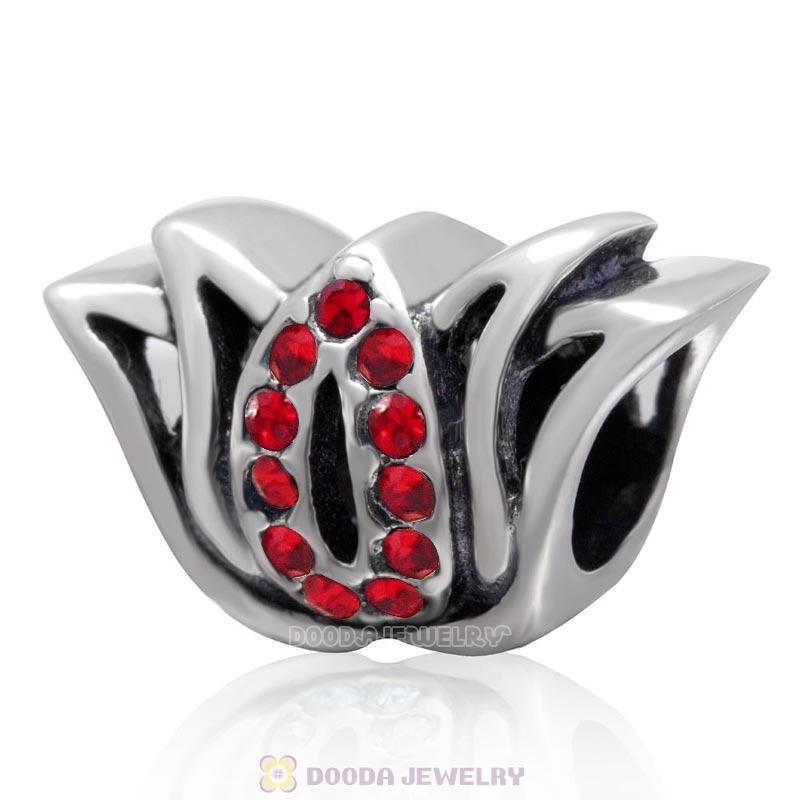 Tulip Flower Bead and Charm with Lt Siam Crystal 925 Sterling Silver