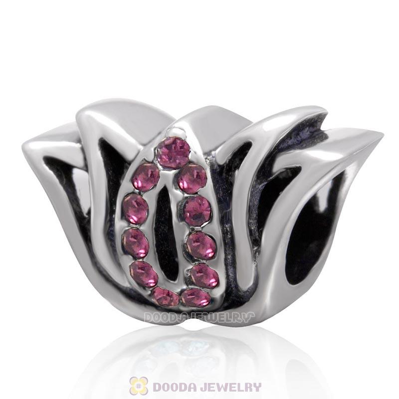 Tulip Flower Bead and Charm with Amethyst Crystal 925 Sterling Silver
