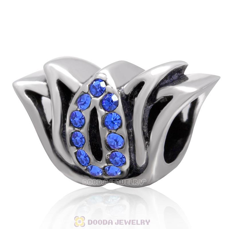 Tulip Flower Bead and Charm with Sapphire Crystal 925 Sterling Silver