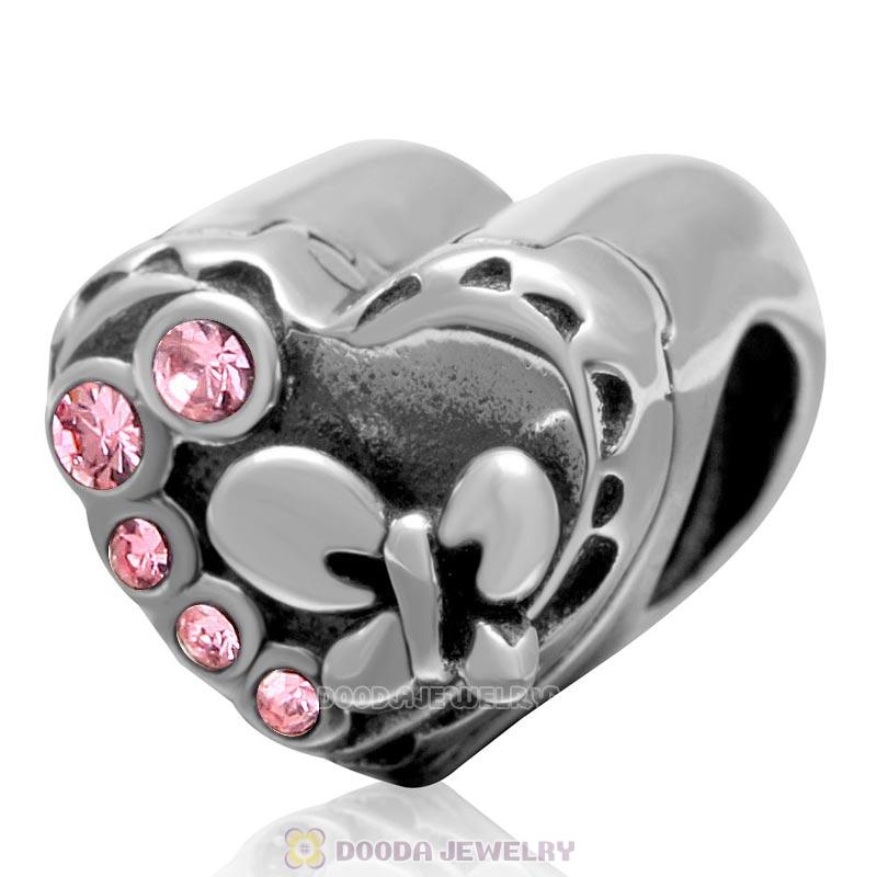 925 Sterling Silver Butterfly Music Box Charm Love Heart Bead with Lt Rose Crystal