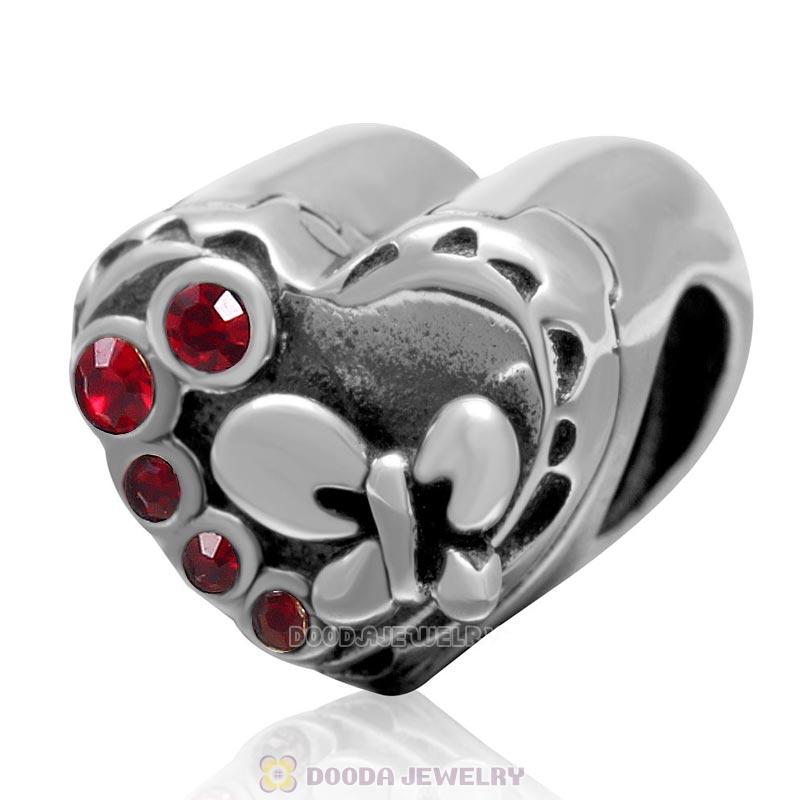 925 Sterling Silver Butterfly Music Box Charm Love Heart Bead with Siam Crystal