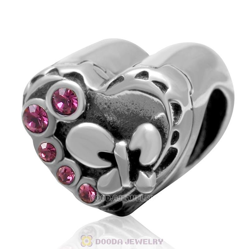 925 Sterling Silver Butterfly Music Box Charm Love Heart Bead with Amethyst Crystal