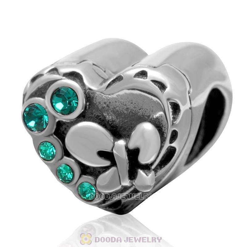 925 Sterling Silver Butterfly Music Box Charm Love Heart Bead with Emerald Crystal