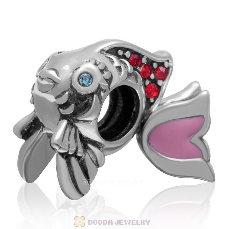 Cute Fish Charm with Lt Siam Crystal and Pink Movable Tail in 925 Sterling Silver 