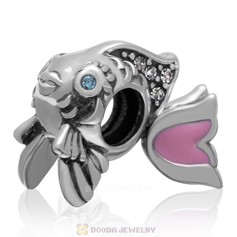Cute Fish Charm with Black Diamond Crystal and Pink Movable Tail in 925 Sterling Silver 