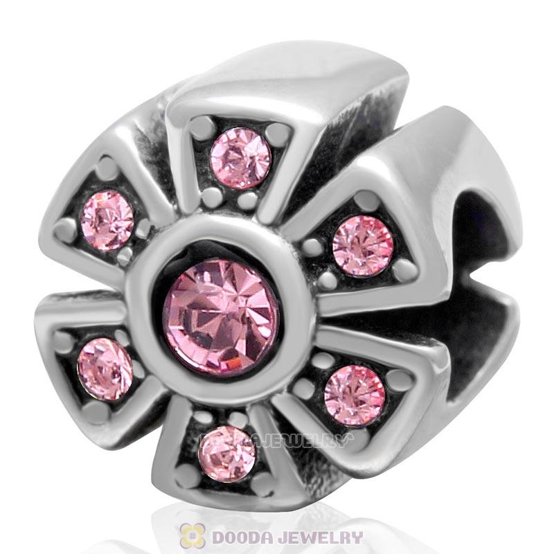 Sparkly Flower Charm 925 Sterling Silver Lt Rose Crystal Bead