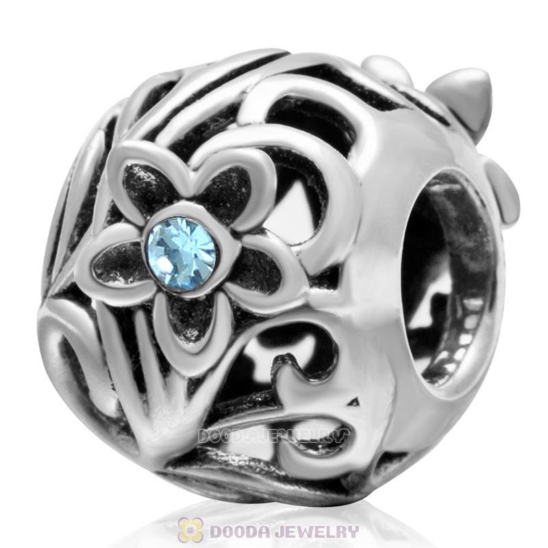 Daisy Flower with Aquamarine Crystal 925 Sterling Silver Charm Bead