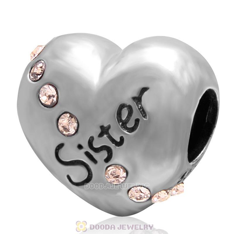 925 Sterling Silver Lt Peach Crystal Sister Heart Love Bead