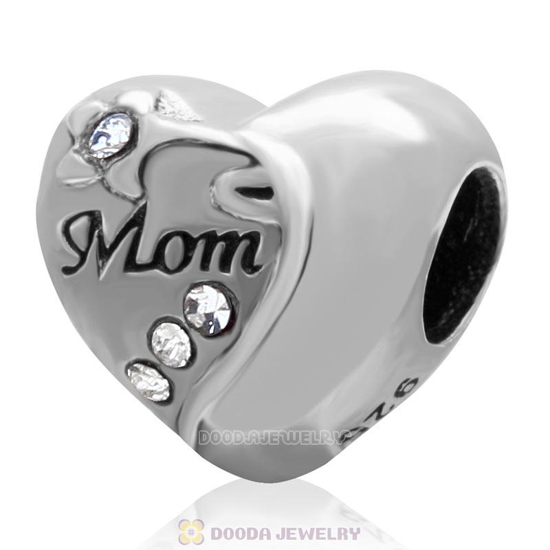 925 Sterling Silver Mom Heart Love Bead with Clear Crystal