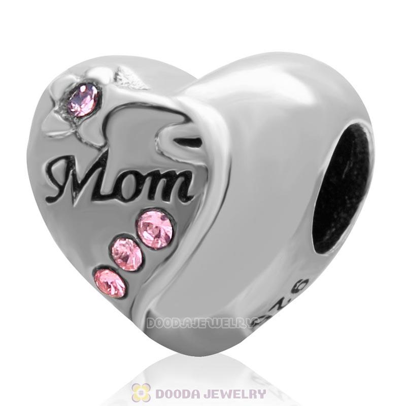 925 Sterling Silver Mom Heart Love Bead with Lt Rose Crystal