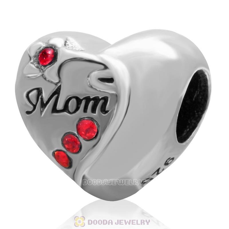 925 Sterling Silver Mom Heart Love Bead with Lt Siam Crystal