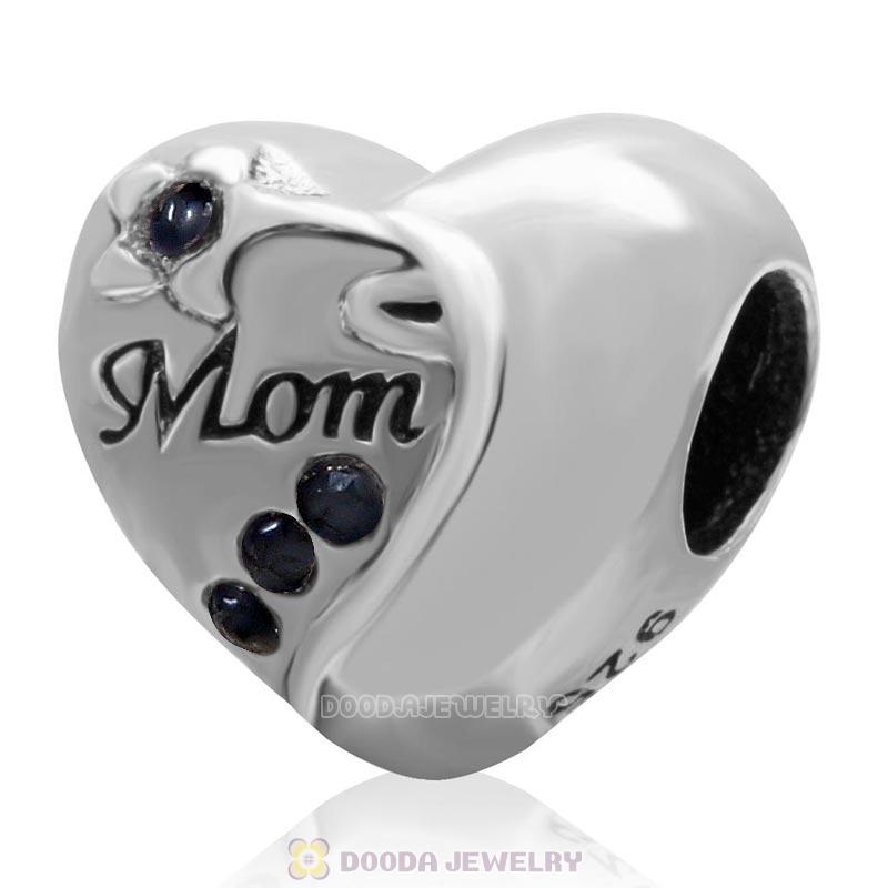 925 Sterling Silver Mom Heart Love Bead with Jet Crystal