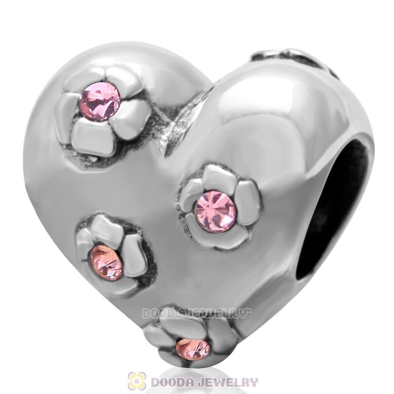 925 Sterling Silver Sweet Heart Bead with Lt Rose Crystal Flower Charm