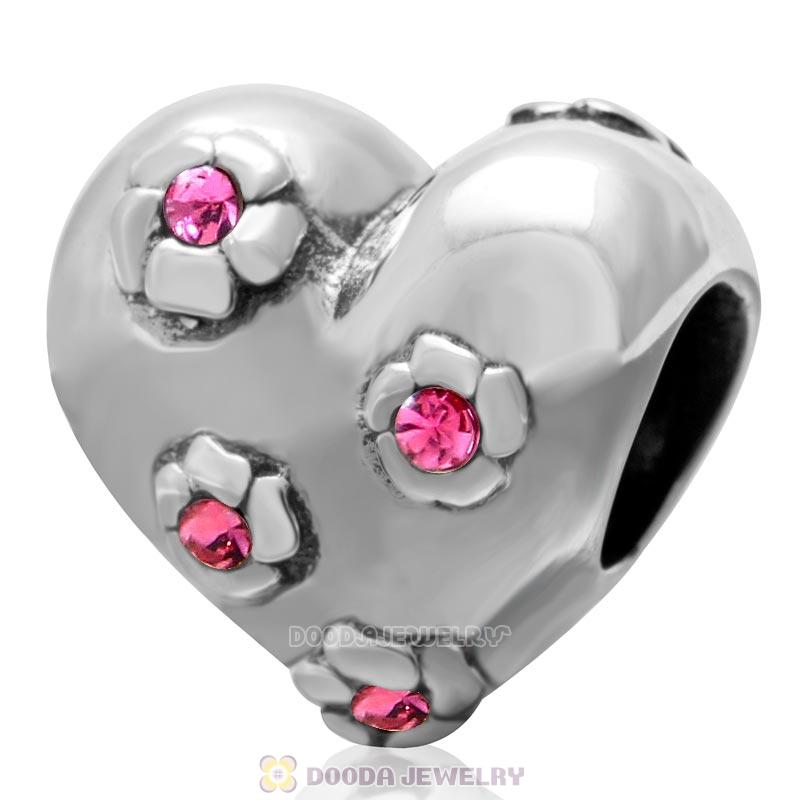 925 Sterling Silver Sweet Heart Bead with Rose Crystal Flower Charm