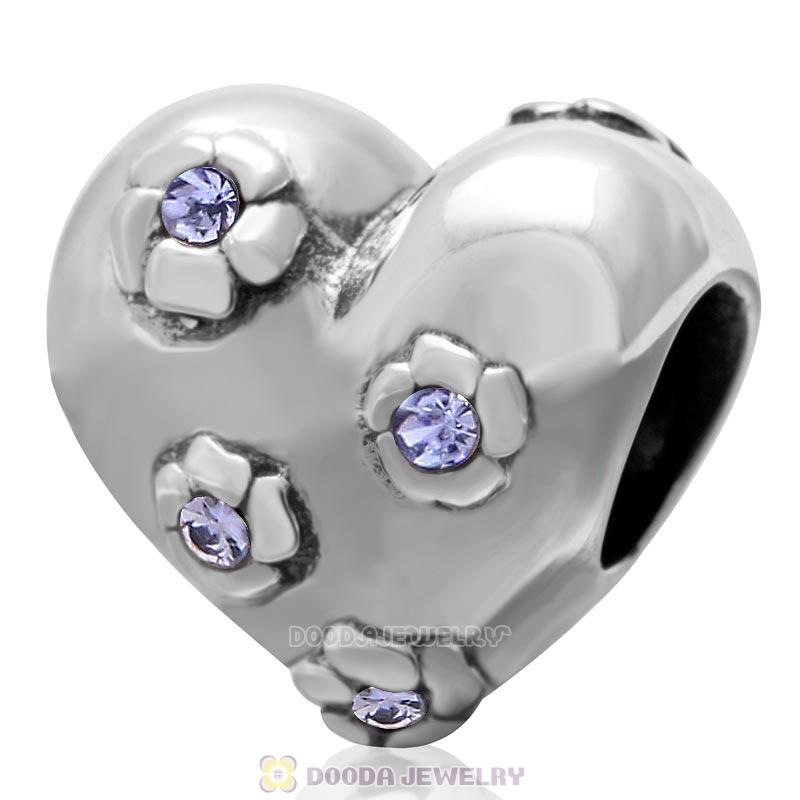 925 Sterling Silver Sweet Heart Bead with Tanzanite Crystal Flower Charm