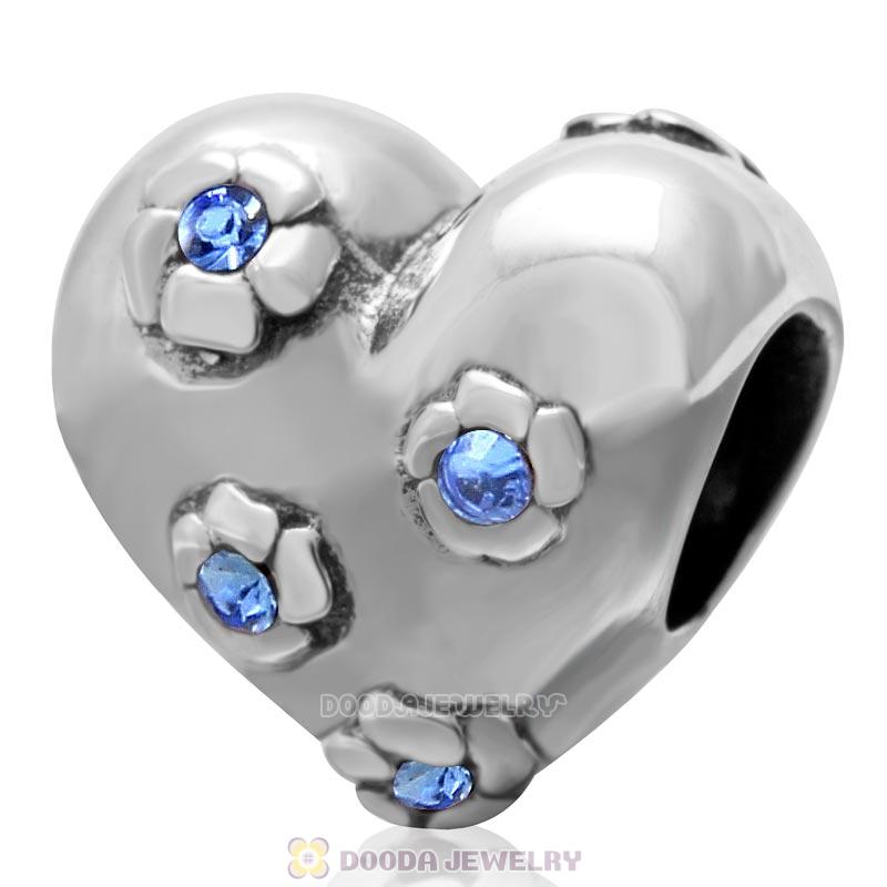 925 Sterling Silver Sweet Heart Bead with Sapphire Crystal Flower Charm