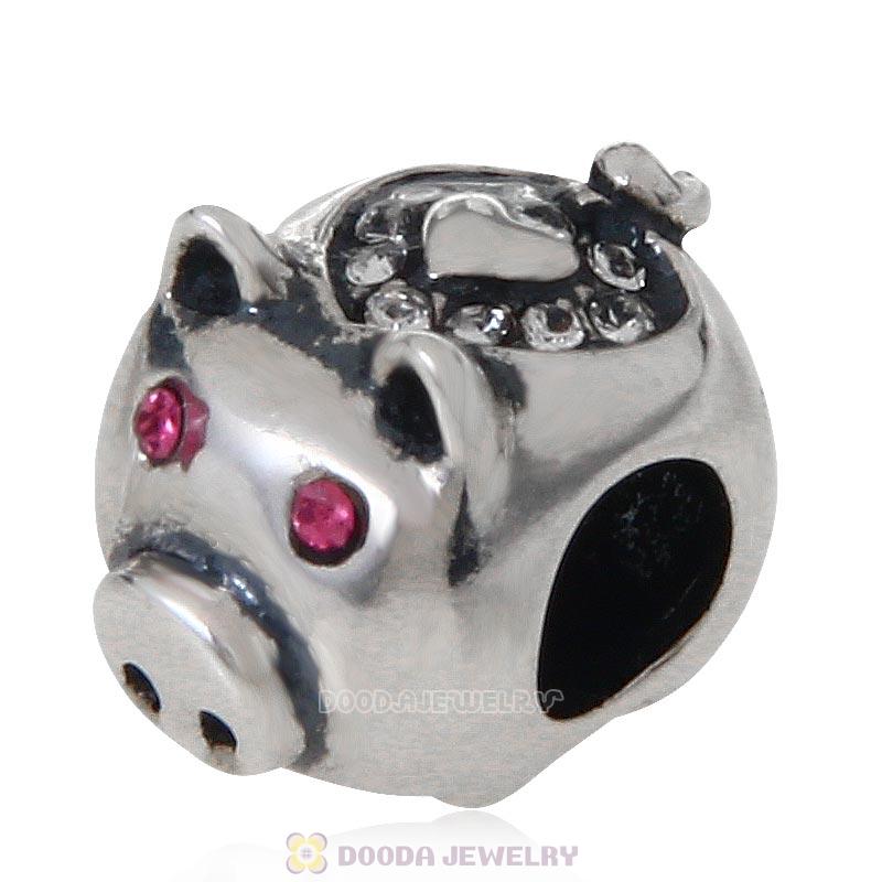 925 Sterling Silver Cute Pig with Clear Love Crystal Charm Bead